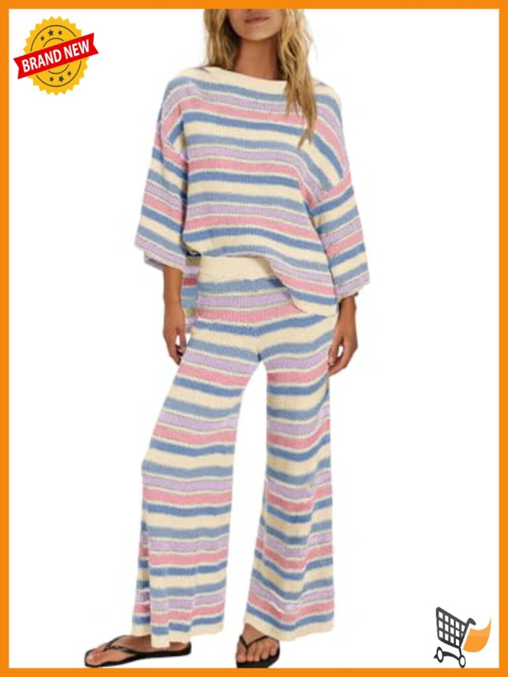 Oversized Striped 2 Piece Sweater Wide Leg Pants Lounge Set